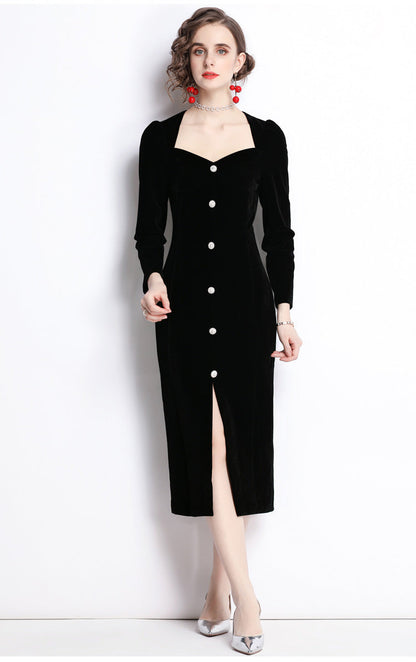 Black Velvet Elegant Slit Midi Dress – Classic French Sophistication