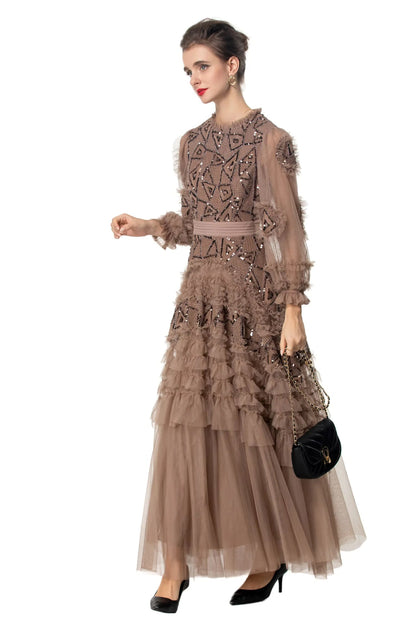 Sequin Embellished Princess-Cut Maxi Evening Dress