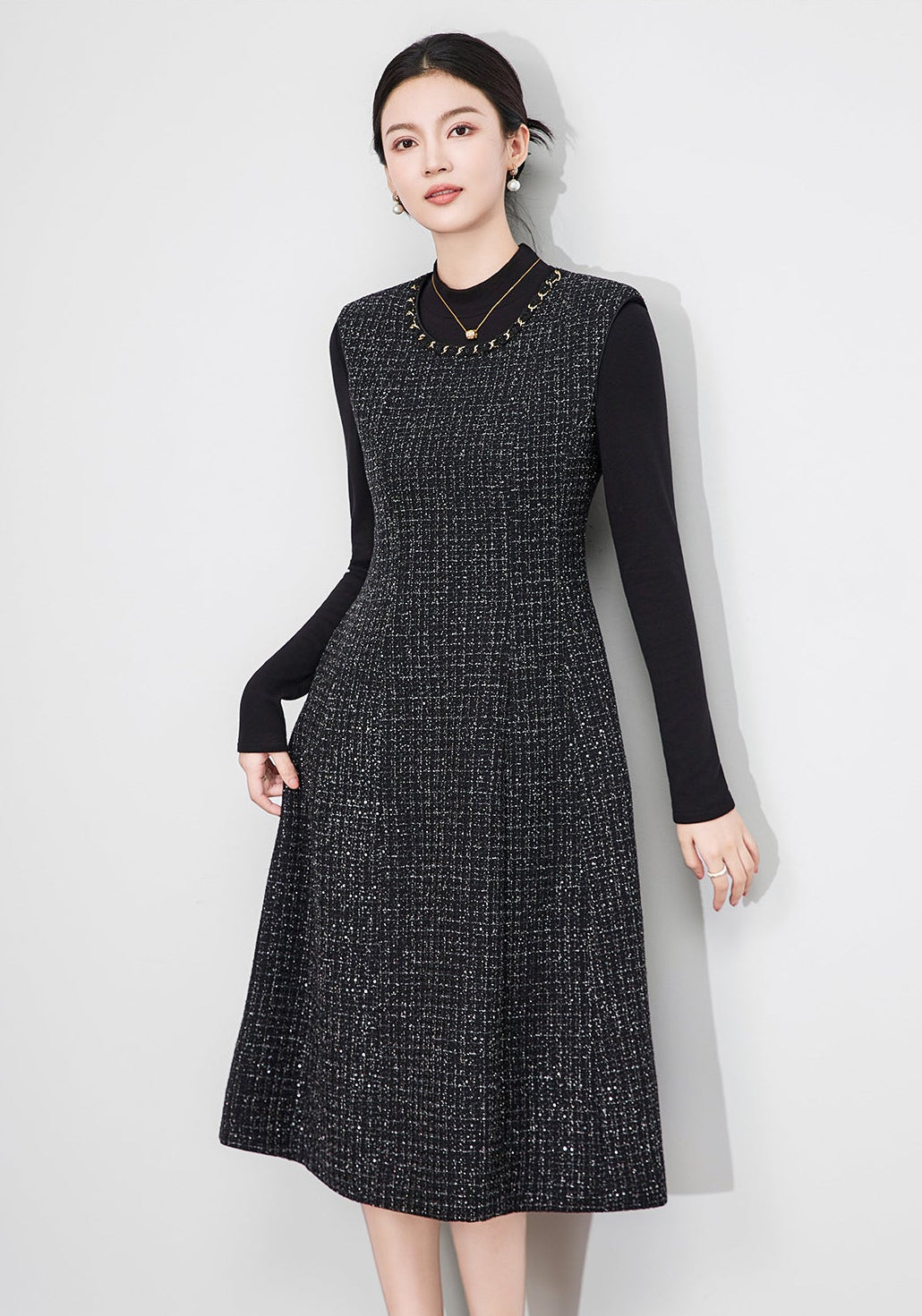 Metallic Textured French Sleeveless Midi Dress