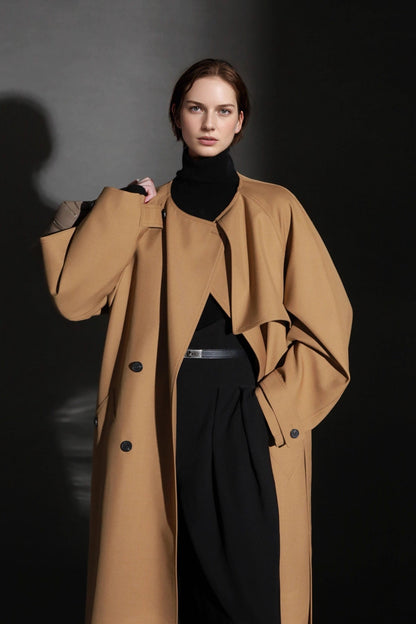 Minimalist Round Neck Wool Blend Trench Coat – Relaxed Fit