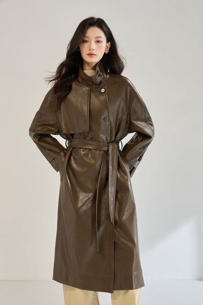 Retro Long Faux Leather Coat