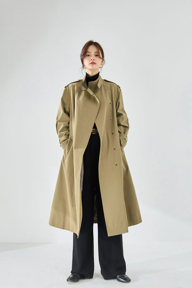 Velvet-Textured Stand Collar Mid-Length Trench Coat