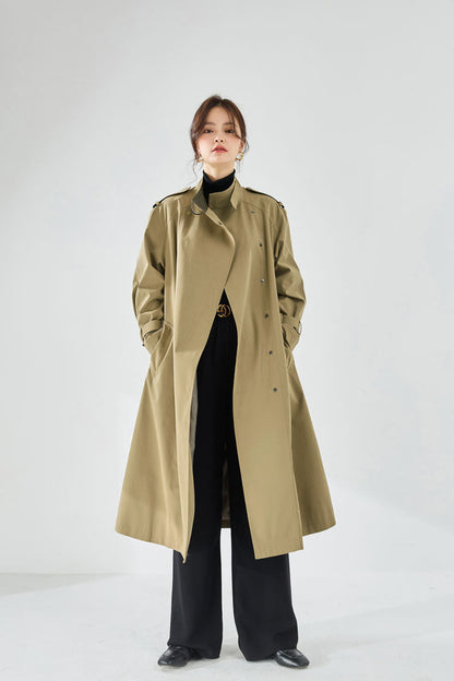 Velvet-Textured Stand Collar Mid-Length Trench Coat