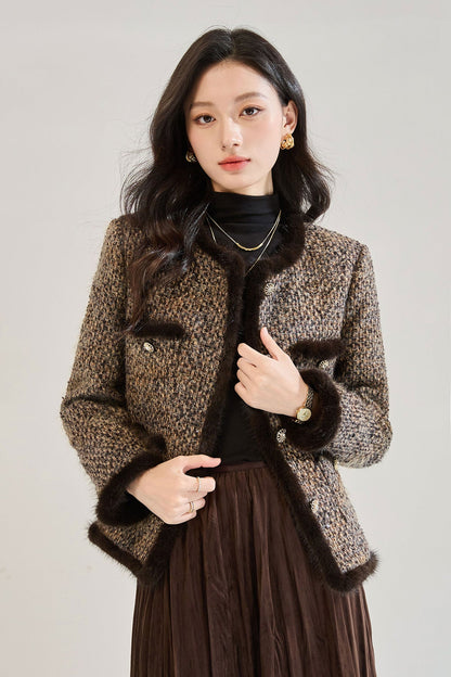 Luxury Tweed Short Puffer Jacket with White Duck Down Filling