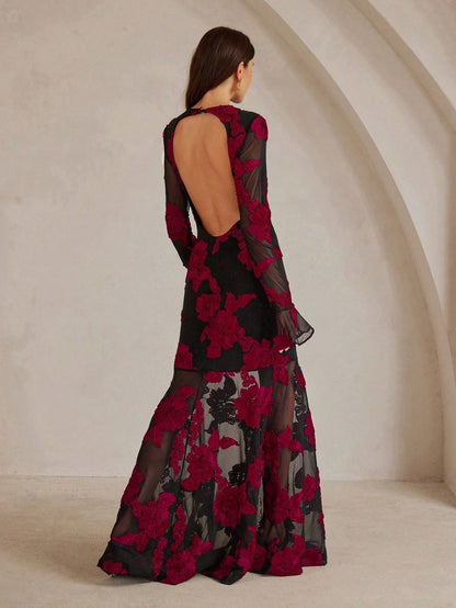 Embroidered Open-Back Fishtail Maxi Dress