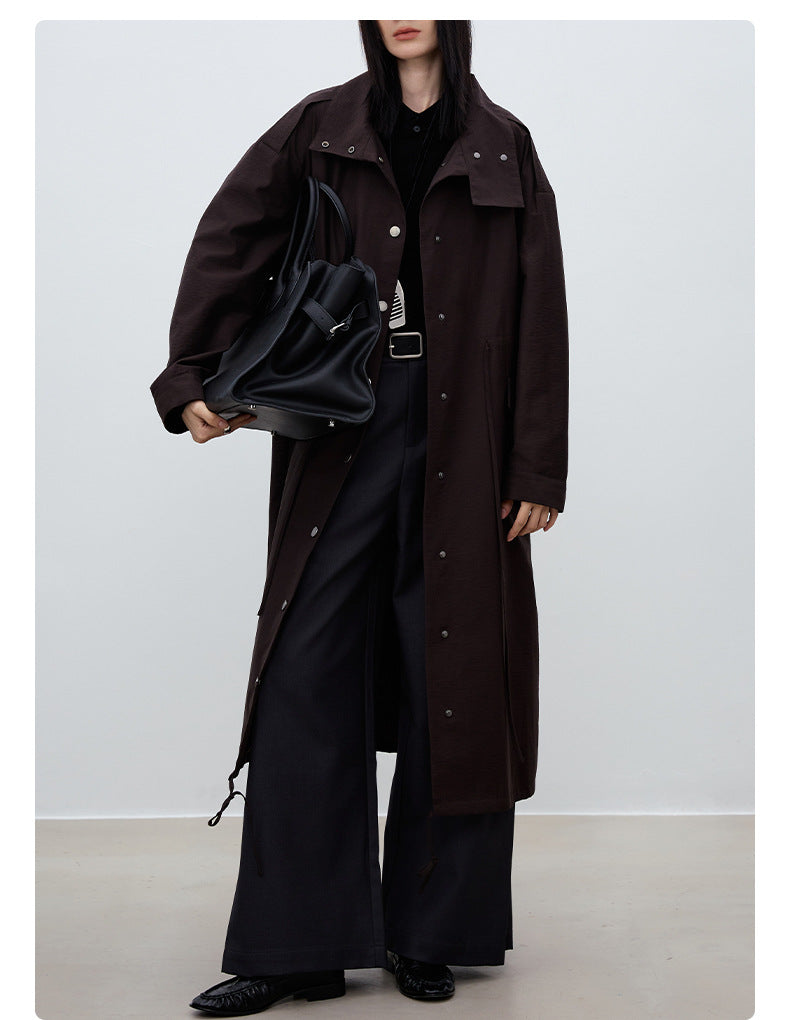 Oversized British-Style Long Trench Coat – Coffee Brown