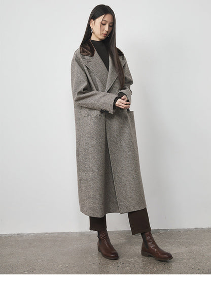 Extra Long Plaid Wool Coat with Silk-Blend Collar