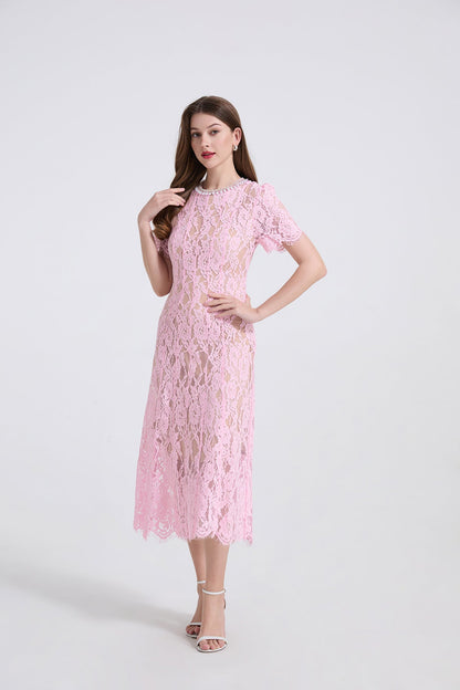 Pearl Embellished Lace Midi Dress