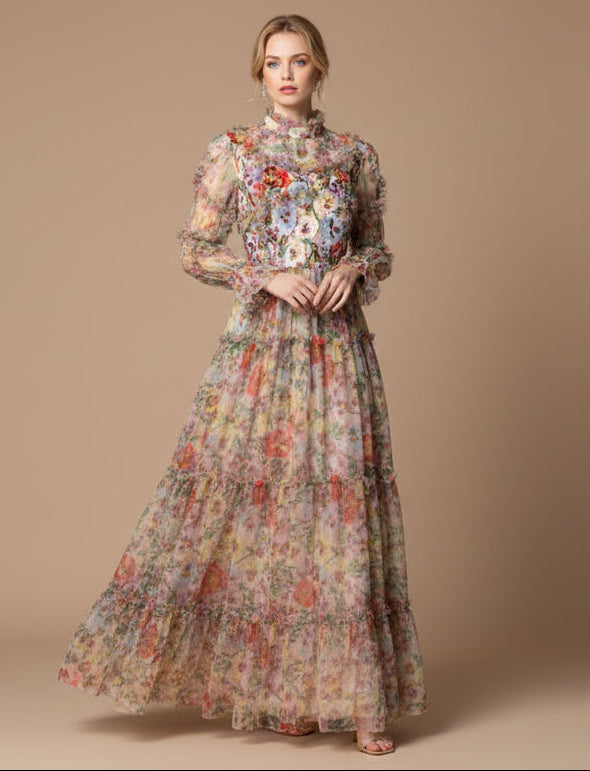 Embroidered French Floral Mesh Maxi Dress with Lantern Sleeves