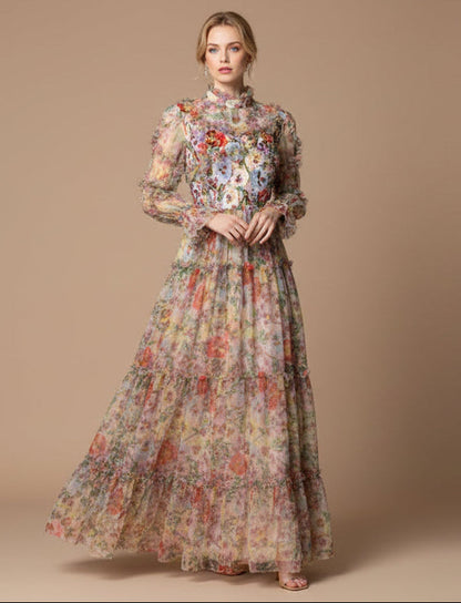 Embroidered French Floral Mesh Maxi Dress with Lantern Sleeves
