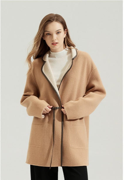 Wool Patchwork Coatigan with Shearling Details