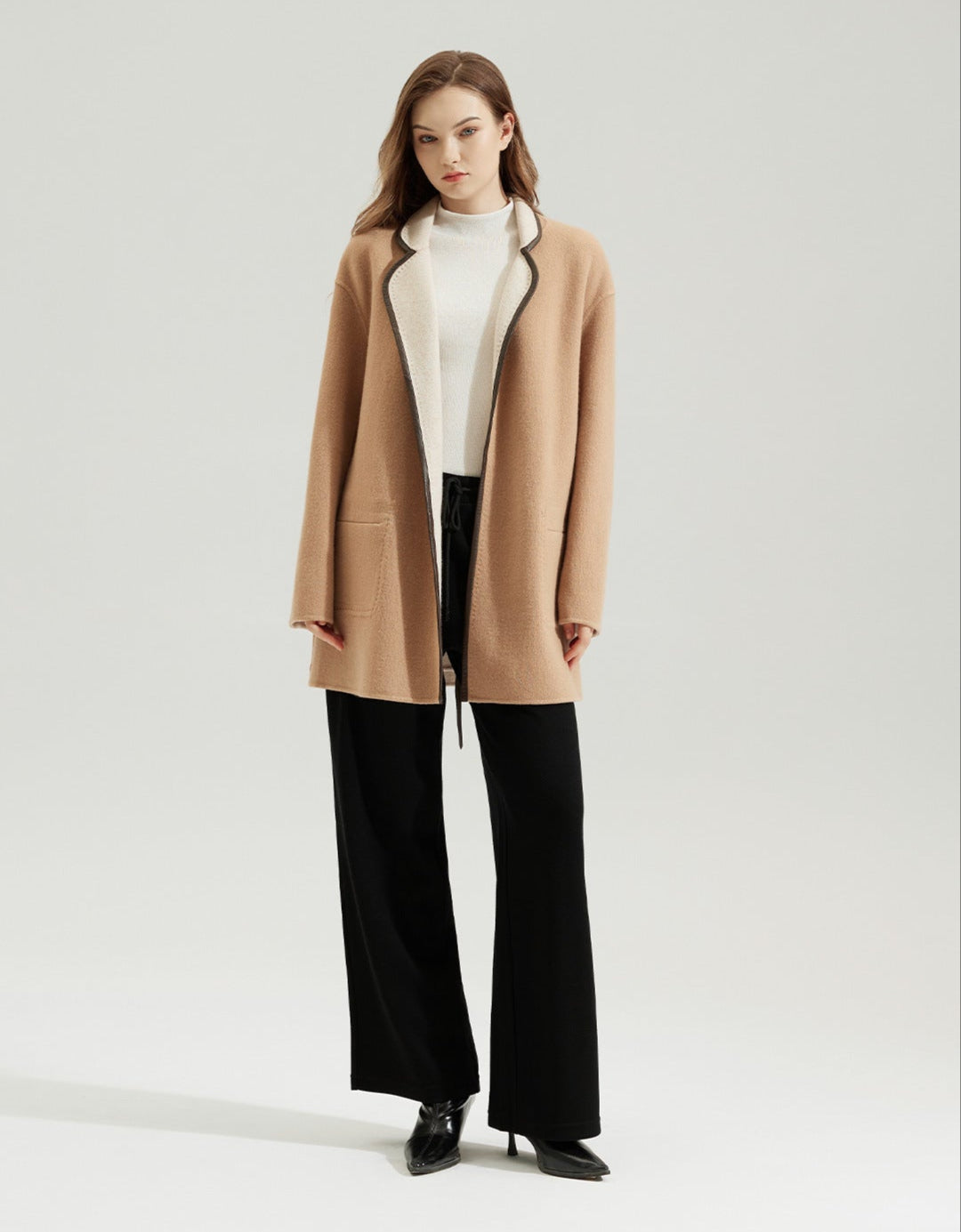 Wool Patchwork Coatigan with Shearling Details