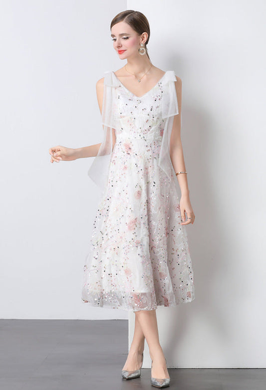 Crystal Sequin Embroidered V-Neck Midi Dress