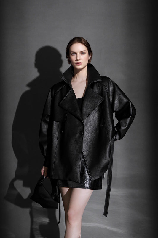 City Glow Balloon-Sleeve Faux Leather Jacket – Slim Fit Waist-Defined Design