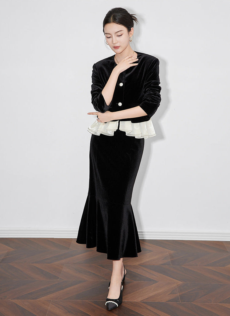 Velvet Elegance French Tailored Blazer & Mermaid Skirt Set