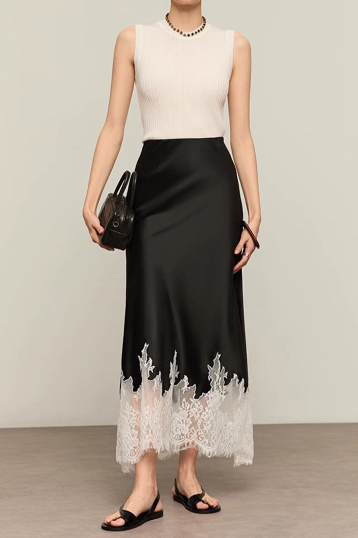 Lace-Trimmed Acetate Satin Maxi Skirt