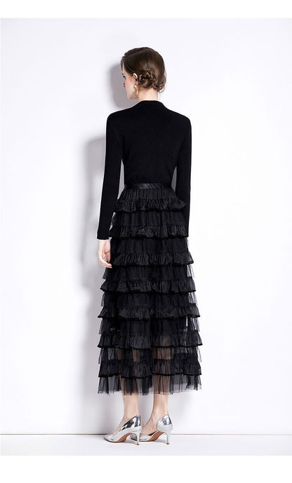 Layered Knit & Tulle Maxi Dress – Faux Two-Piece Design