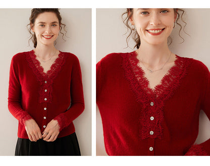 Lace-Trim Baby Cashmere Cardigan