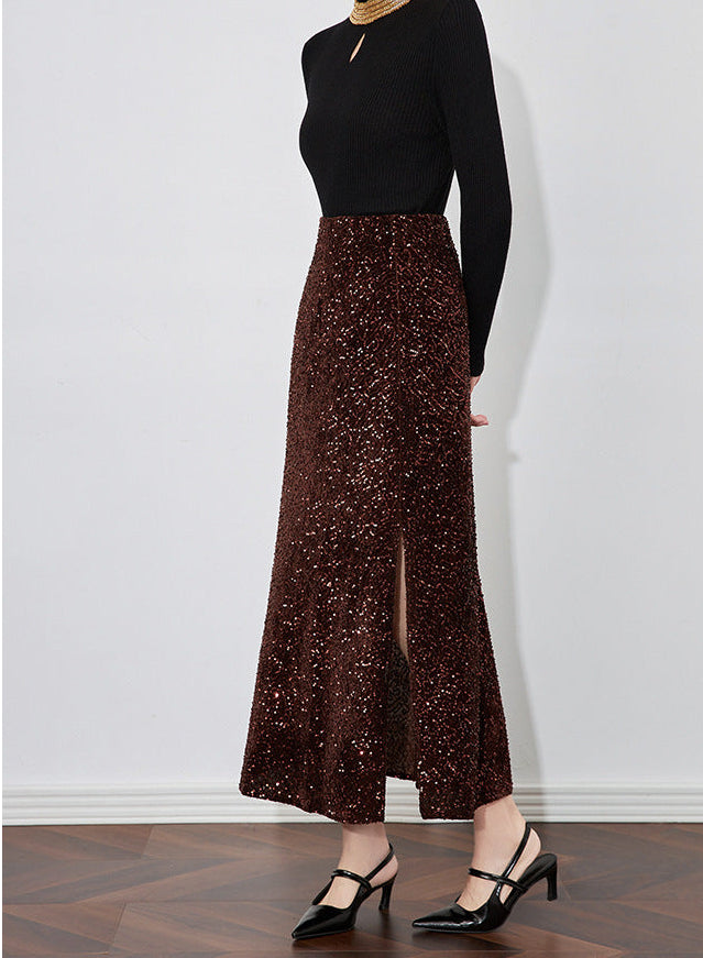 Velvet-Shine Sequin A-Line Midi Skirt