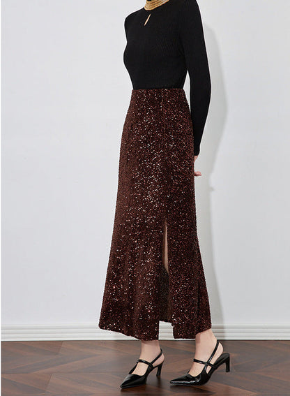 Velvet-Shine Sequin A-Line Midi Skirt