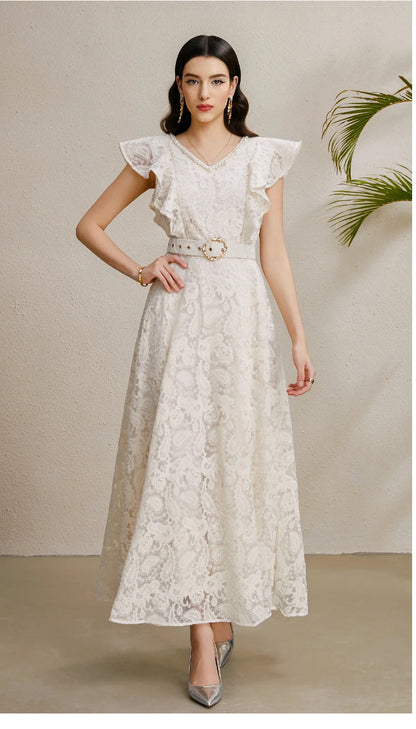 Ruffled Sleeve Beaded Belted Tulle Maxi Dress