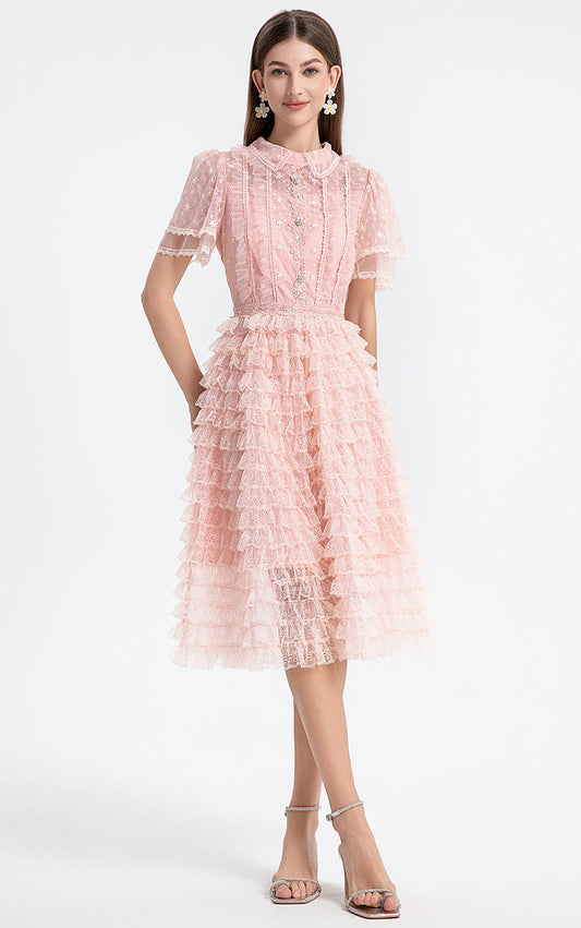 Blush Ruffle Lace Dress with Peter Pan Collar & Puff Sleeves
