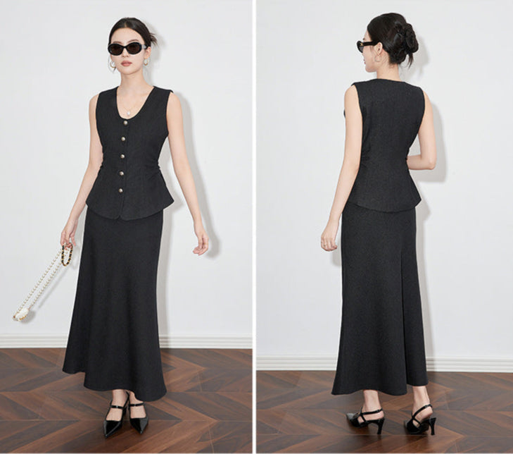 Old Money Style Two-Piece Set – Sleeveless Vest & Fishtail Skirt