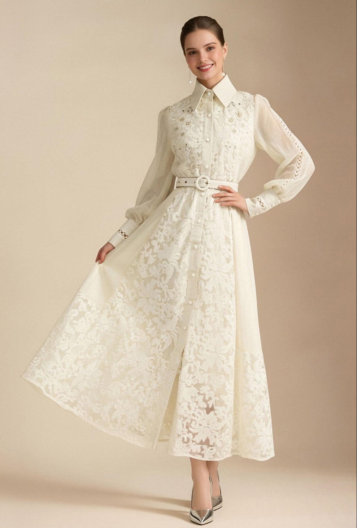 Lace Collar Lantern Sleeve Midi Dress