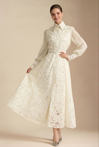 Lace Collar Lantern Sleeve Midi Dress