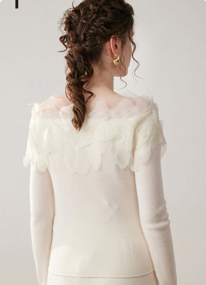 Hand-Embroidered Cashmere Sweater – One-Shoulder Floral & Feather Detail