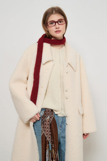 Miu Series Faux Fur Long Coat – Off-White Elegance