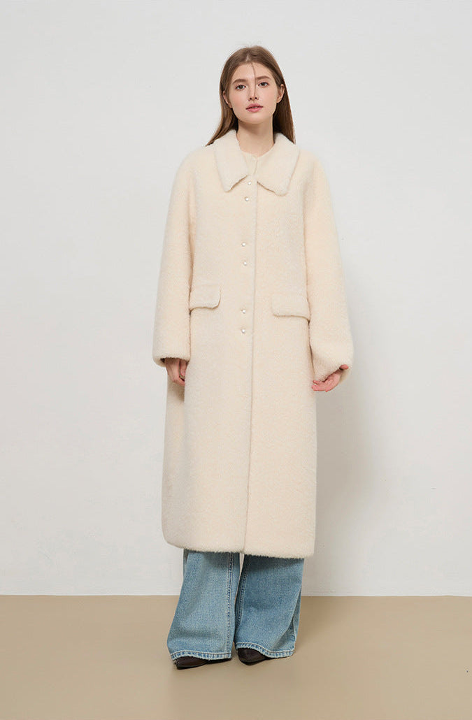 Miu Series Faux Fur Long Coat – Off-White Elegance