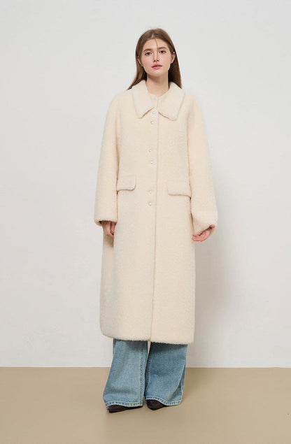 Miu Series Faux Fur Long Coat – Off-White Elegance
