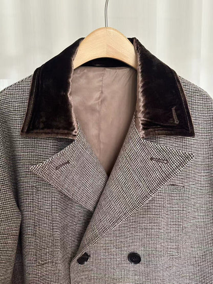 Extra Long Plaid Wool Coat with Silk-Blend Collar