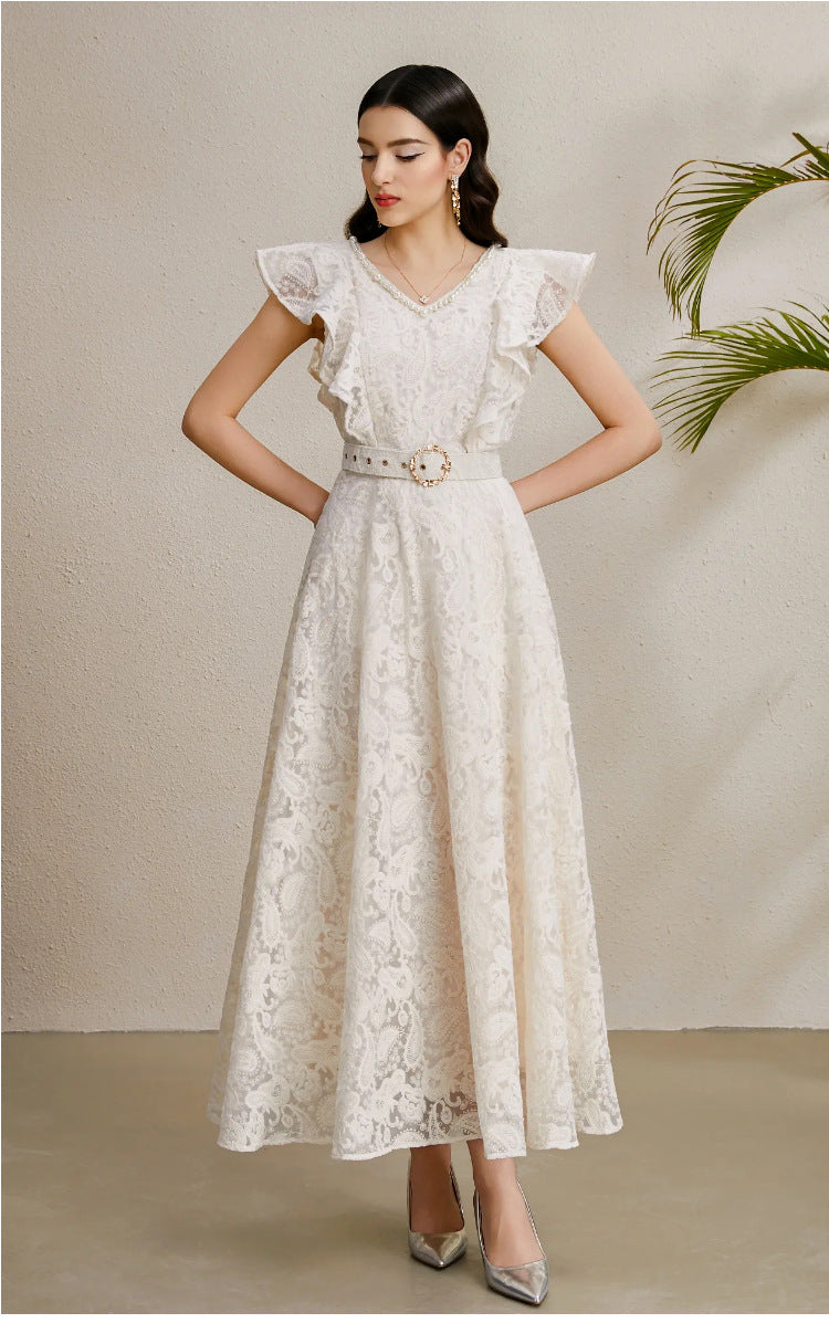 Ruffled Sleeve Beaded Belted Tulle Maxi Dress