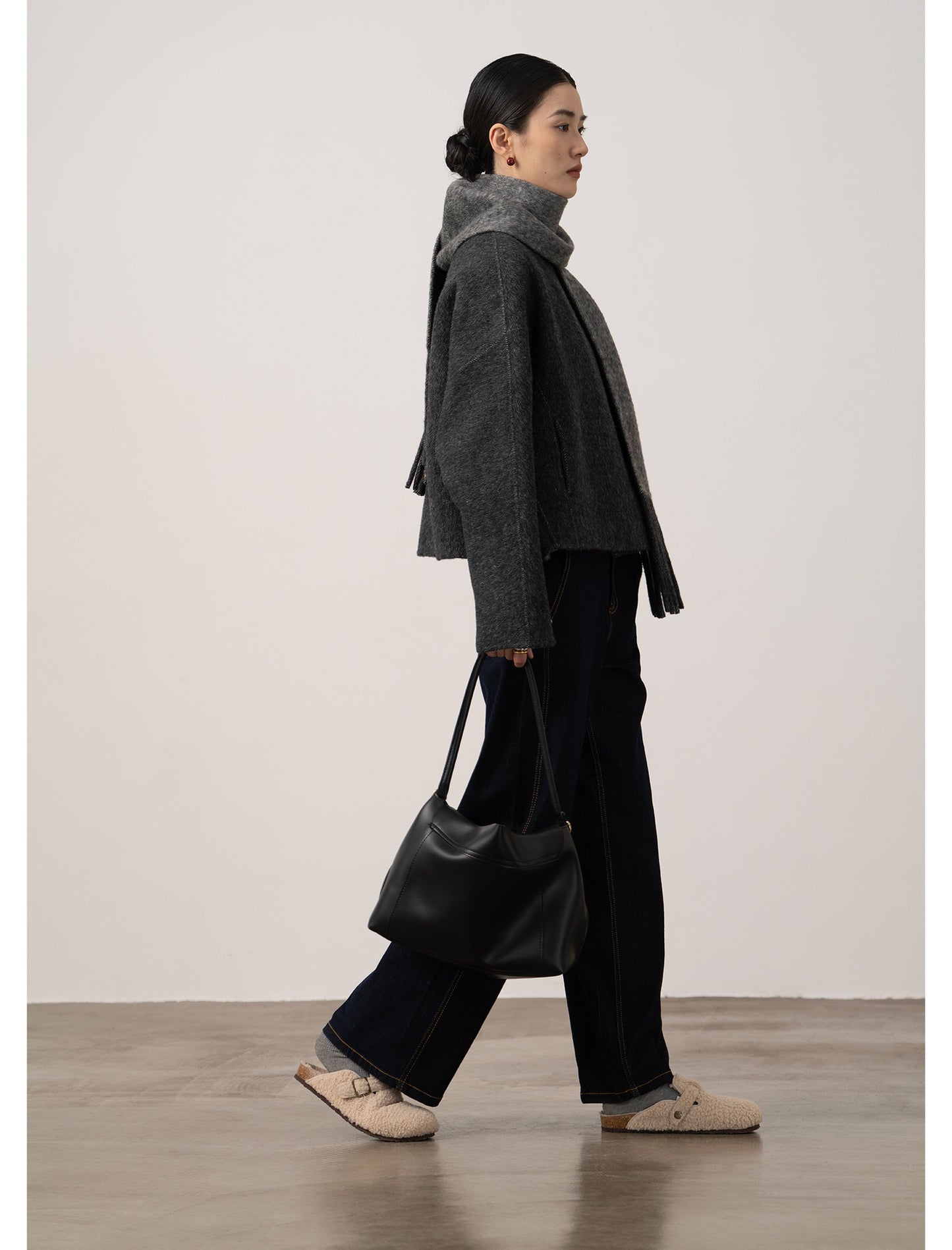 Alpaca Wool Short Double-Sided Coat with Scarf Detail