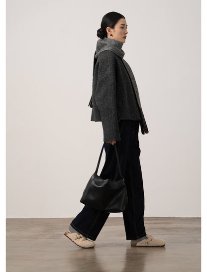 Alpaca Wool Short Double-Sided Coat with Scarf Detail