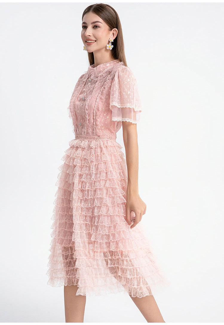 Blush Ruffle Lace Dress with Peter Pan Collar & Puff Sleeves