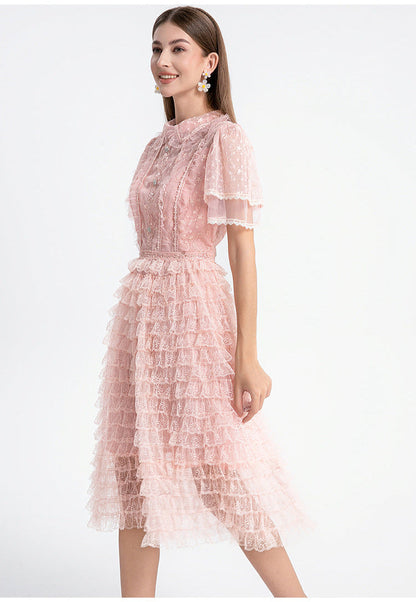 Blush Ruffle Lace Dress with Peter Pan Collar & Puff Sleeves
