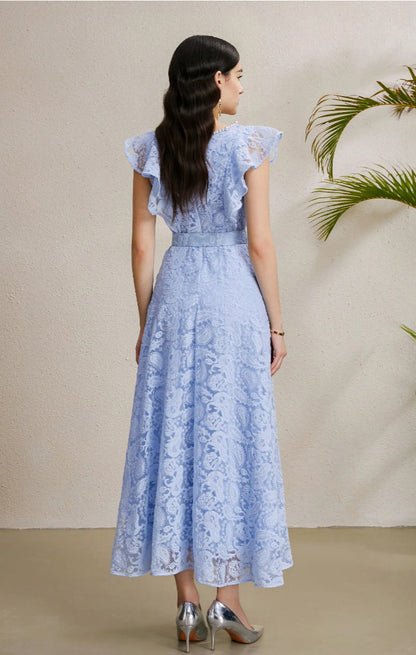 Ruffled Sleeve Beaded Belted Tulle Maxi Dress