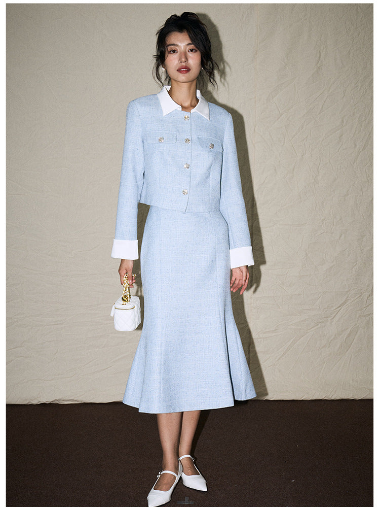 Elegant Contrast-Trim Mermaid Skirt Blazer Set