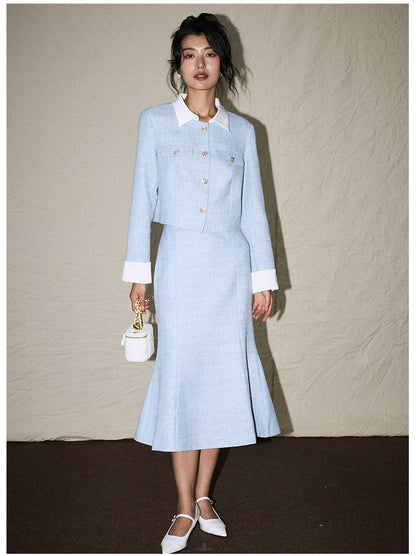 Elegant Contrast-Trim Mermaid Skirt Blazer Set