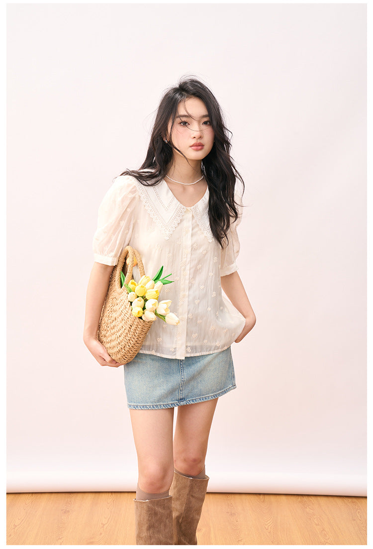 Embroidered Peter Pan Collar Puff Sleeve Blouse