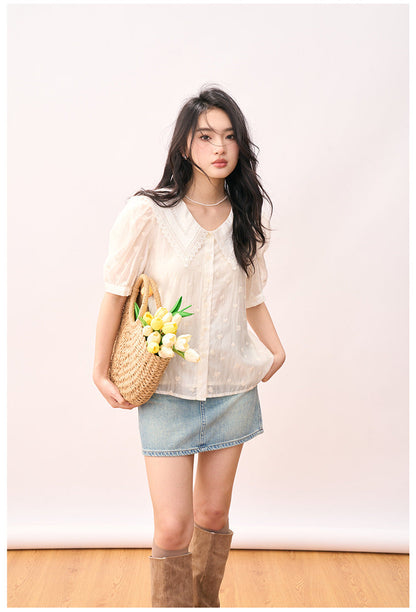 Embroidered Peter Pan Collar Puff Sleeve Blouse