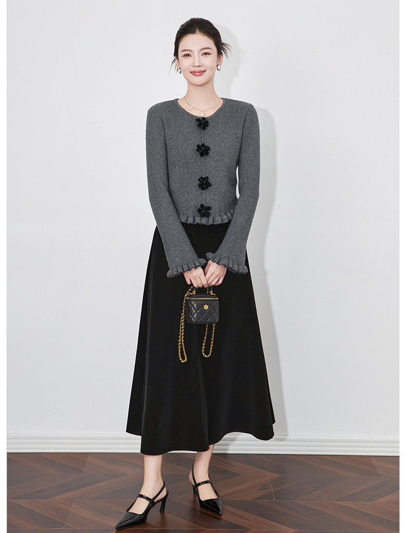 3D Floral Knit Top + Velvet Skirt Set – Elegant French Winter Ensemble