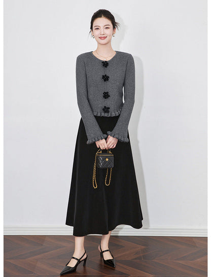 3D Floral Knit Top + Velvet Skirt Set – Elegant French Winter Ensemble