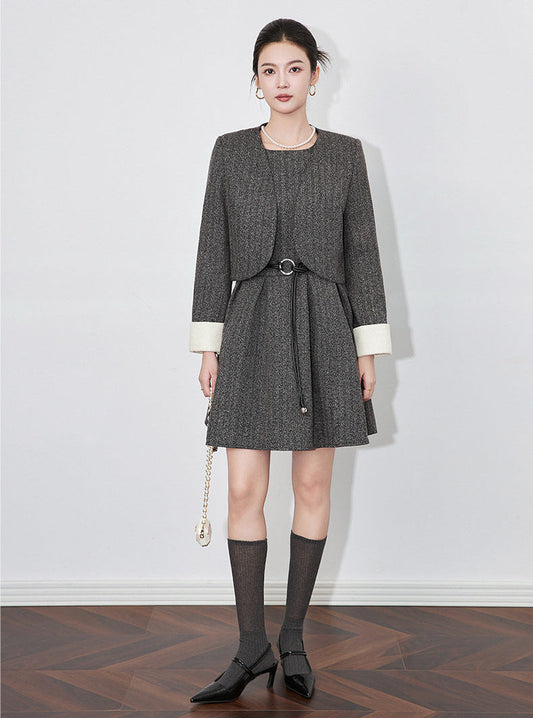 Modern Color-Block Jacket & Chanel-Inspired Pleated Dress Set