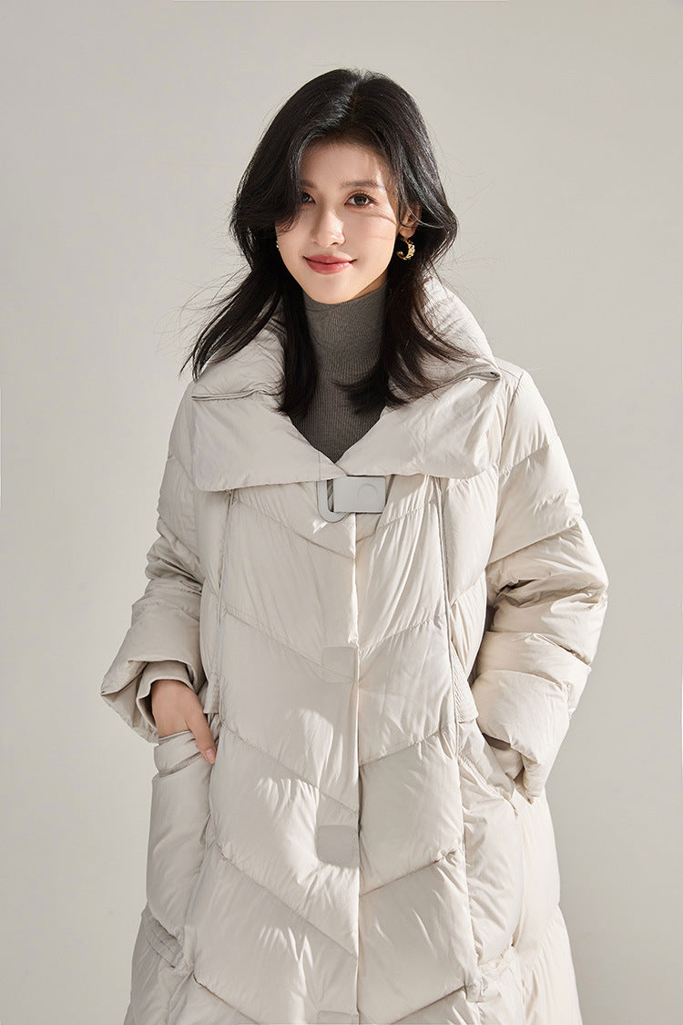 Minimalist Oversized Down Puffer Coat with Leather-Style Buttons