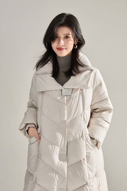 Minimalist Oversized Down Puffer Coat with Leather-Style Buttons