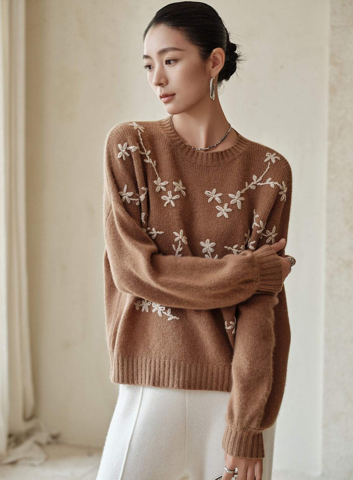 Embroidered Pure Cashmere Crewneck Sweater